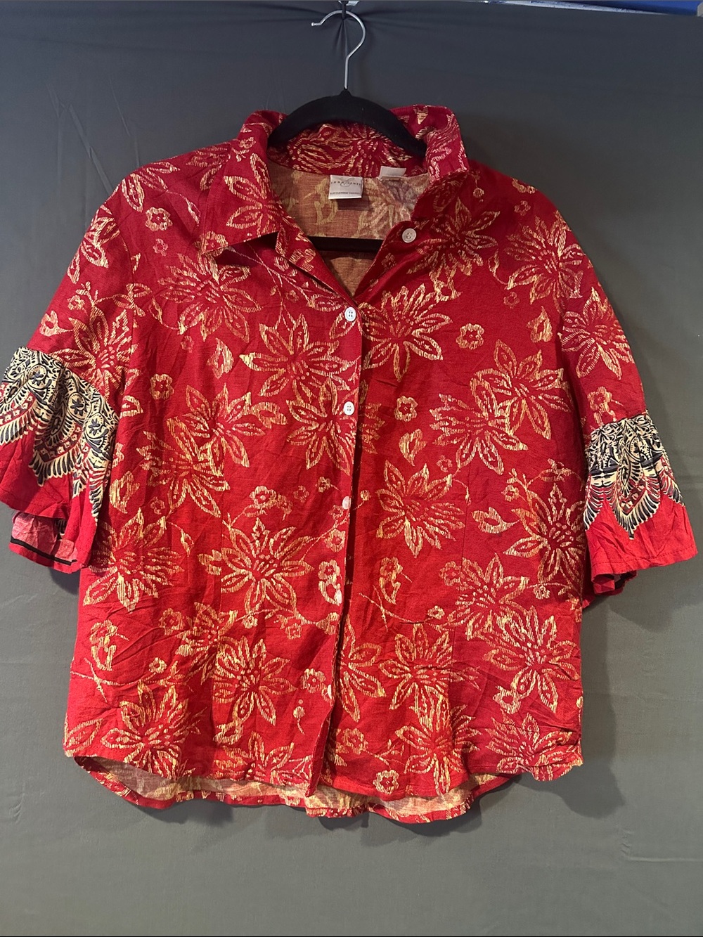 Emma James Women’s 14 Red Linen Blend Eclectic Boho Botanical Paisley Shirt